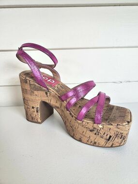 Pop Admission Metallic Pink Cork Platform Block Heel Sandal Size 6